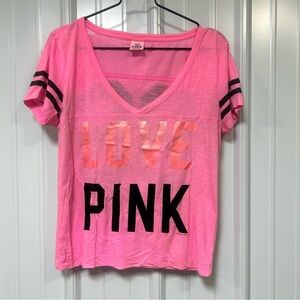 Victoria’s Secret PINK Neon Pink V-neck Jersey Short Sleeve M Varsity Style Y2K